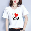 [ In stock ] Summer Korean Style Women's Clothing English I LOVEYOU Short Sleeve T Loose Slimming round Neck Pullover Bottoming Shirt. 