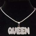 Men Women Hip Hop KING QUEEN Letter Pendant Necklace with 13mm Miami Cuban Chain Iced Out Bling HipHop Necklaces Fashion Jewelry.