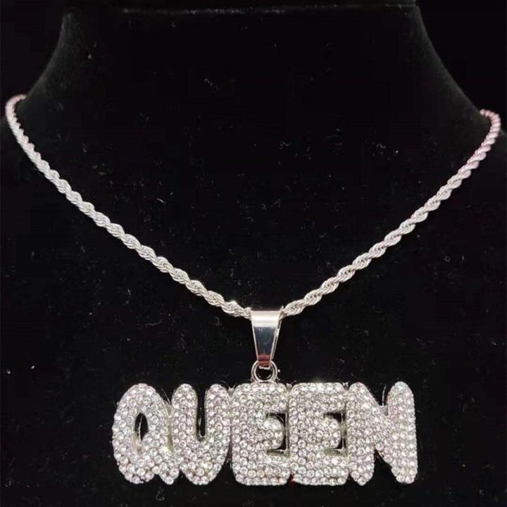Men Women Hip Hop KING QUEEN Letter Pendant Necklace with 13mm Miami Cuban Chain Iced Out Bling HipHop Necklaces Fashion Jewelry