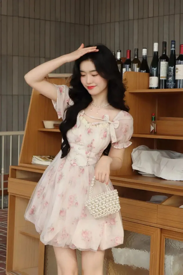 korean dresses cute Floral Korean Cute Outfits Korean Gorgeous Short Dresses Summer Floral  Sweet Mini Dress Women