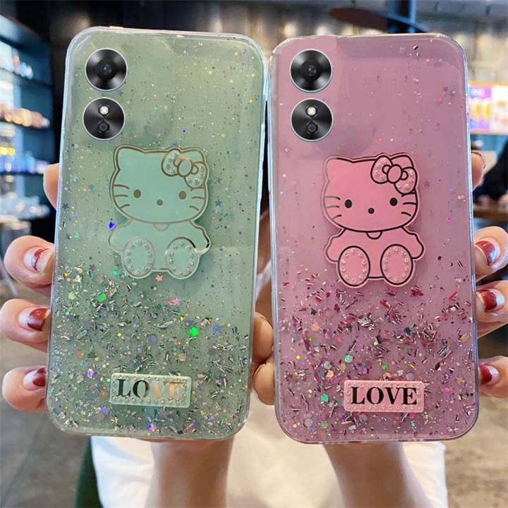 Phone Case For OPPO A17 Back Cover Shiny Ring Case Glitter Soft Transparent Hello Kitty Cases for OPPO A17 Back Cover Stars Moon Girls