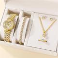 6PCS Set Luxury Watch Women Ring Necklace Earring Rhinestone Fashion Wristwatch Casual Ladies Watches Bracelet Set Clock.