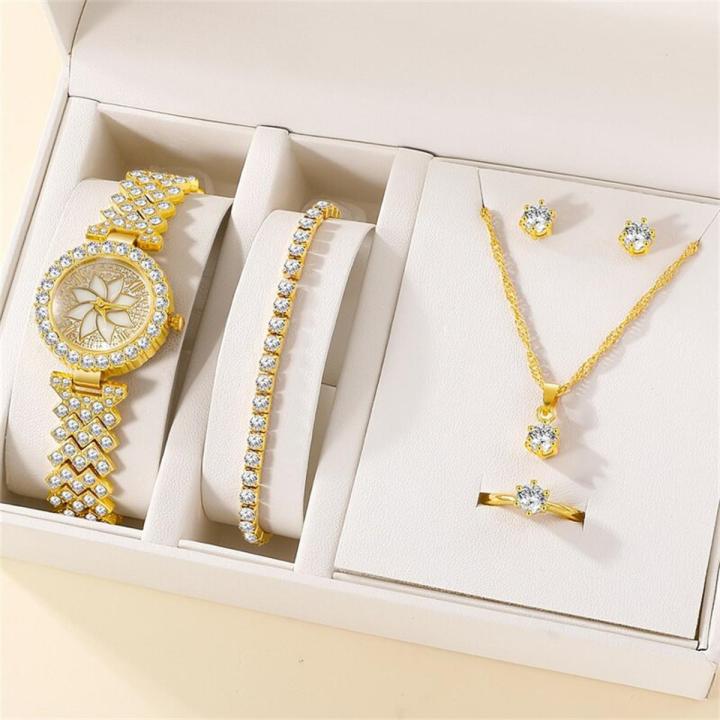 6PCS Set Luxury Watch Women Ring Necklace Earring Rhinestone Fashion Wristwatch Casual Ladies Watches Bracelet Set Clock