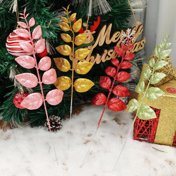 1PC Artificial Peach Leaf Hollow Leaves Glitter New Year Home Wedding Party Decor Xmas Tree Plug-In Decoration Red Silver Green Pink Sequins Broad Leaf Vein Flower Arrangement