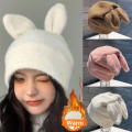 Cute Rabbit Ears Knitted Hats For Women Autumn Winter Warm Panama Soft Rabbit   Beanie Cap Girls Ski Hat. 