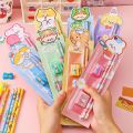 Set of 2 pencils cartoon stationery, 1 ruler, 1 eraser, 1 pencil sharpener. 