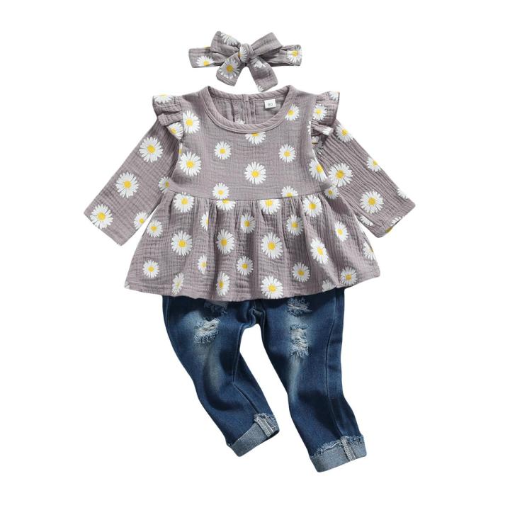 Jumperjuser-Girl’s T-shirt and Trousers Suit Fashion Daisy Print Long Sleeve Tops and Ripped Denim Pants with Headband