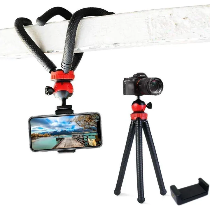 Flexible Gorillapod Tripod with 360° Rotating Ball Head Tripod for All DSLR Cameras(Max Load 1.5 kgs) & Mobile Phones + Free Heavy Duty Mobile Holder(Black) (12 Inch, Black and Red)