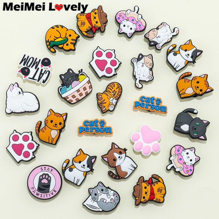 8/17/20/25/28pcs Cute Cats Shoe Charms for Croc Black Pink Paws Shoe Clips Decorations Funny Cowboy Cat Croc Jeans Xmas Gift