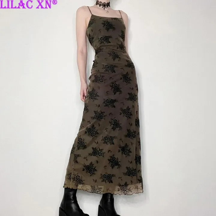 Elegant Floral Print Lace Mesh Maxi Dresses for Women Y2K Goth Vintage Bodycon Long Slip Dress Grunge Fairycore Party Dress