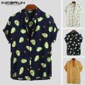 INCERUN New Mens Hawaiian Avocado Floral Short Sleeve Beach Party Top Fancy Dress Shirts.