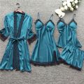 Women Pajamas Sets Satin Sleepwear Silk 4 Pieces Nightwear Pyjama Spaghetti Strap Lace Sleep Lounge Pijama With ChPads.