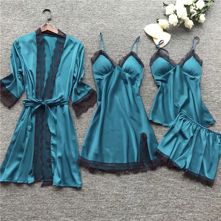 Women%20Pajamas%20Sets%20Satin%20Sleepwear%20Silk%204%20Pieces%20Nightwear%20Pyjama%20Spaghetti%20Strap%20Lace%20Sleep%20Lounge%20Pijama%20With%20ChPads%20-%20Image%207