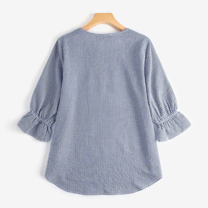 ZANZEA%20Women%20Fashion%20Short%20Sleeve%20Plaid%20Check%20Shirt%20Blouse%20Asymmetrical%20Hem%20Loose%20Tops%20#2%20-%20Image%202