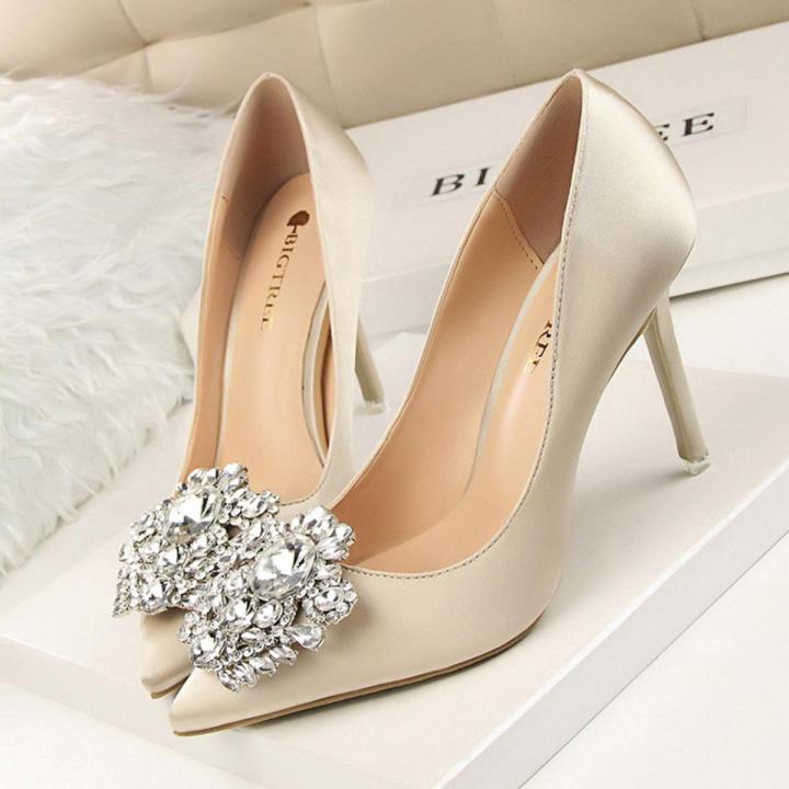 Size 34-43 Korean Version of Rhinestone Women's shoes With Stiletto Heels andPedicure was thin Shoes Shallow Pointed Shiny Rhinestone Buckle Shoes