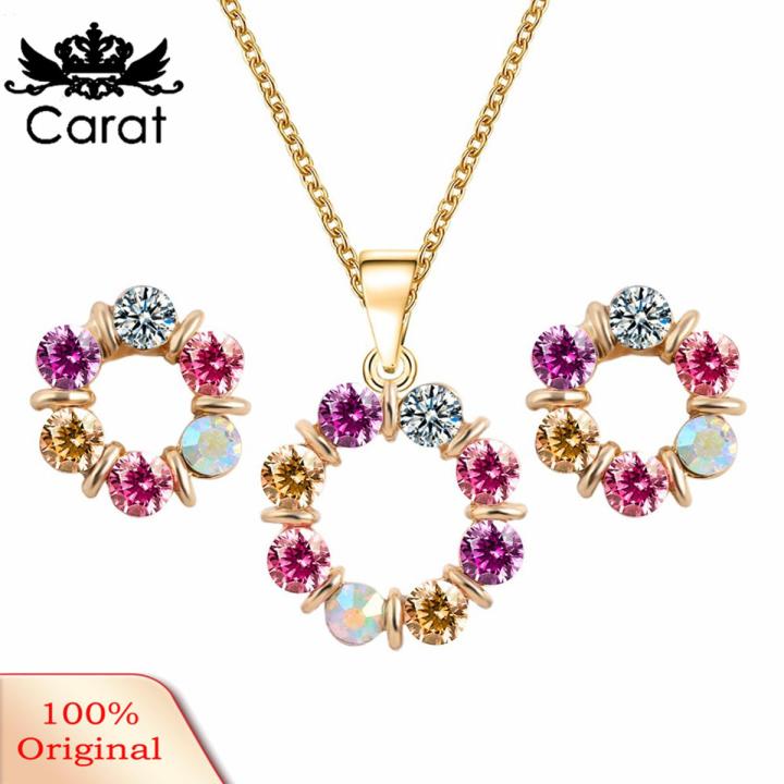 Carat Fashion Circle Colorful Rhinestone Necklace Ear Studs Earrings Women Jewelry Set