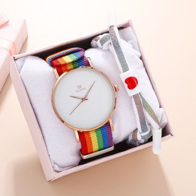 Ladies Watch Rainbow Canvas Strap Quartz Kids Wristwatch With Sports Bracelet Set