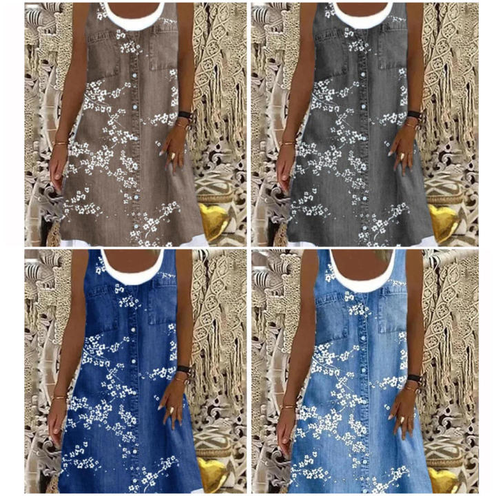 Midi Dress Ladies Shirt Dresses Plus Size Womens Two Piece Denim Print Casual Dress Sleeveless