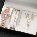 Luxurious 5pcs Set of Fashionable Metal Women's Quartz Watches & Pearl Jewelry, Perfect for Ladies & Girls.