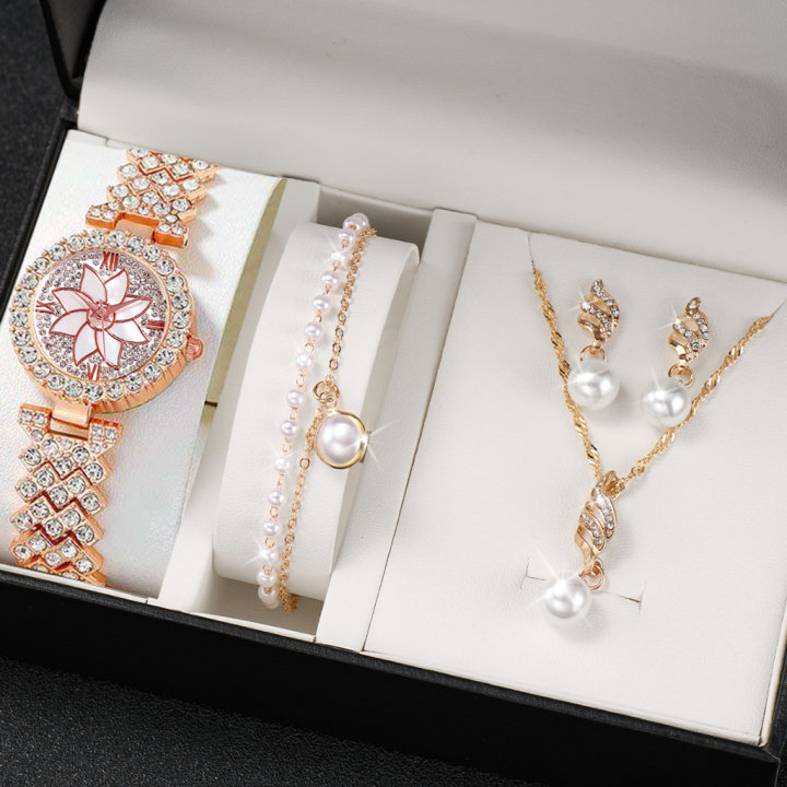 Luxurious 5pcs Set of Fashionable Metal Women's Quartz Watches & Pearl Jewelry, Perfect for Ladies & Girls
