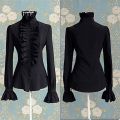 Fashion Autumn Tops Victorian Womens Tops Ruffles Long Sleeve Frill Solid Color OL Office Shirt Frilly Cuffs High Neck Blouse.