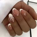 24Pcs/Set White Edge Oval Gradient Nails Press on 3D Dots Diamonds Wearable False Nails Almonds Press on Acrylic Nail Tips. 