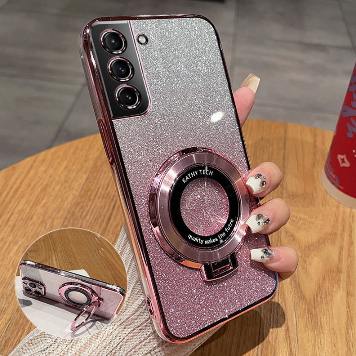 Back Cover Samsung Galaxy S22 / S22 Plus / S22 Ultra Back Cover with Stand Holder Luxury Shiny Gradient Plating Glitter Girls Slim Phone Case Clear Soft Silicone Protective Cases Pouch Women