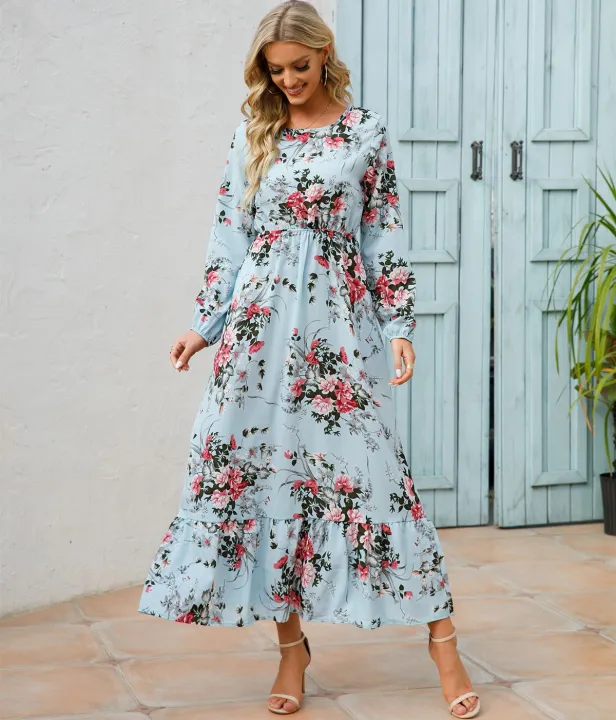 Women%20Floral%20Printed%20Maxi%20Dresses%20Spring%20Summer%20Casual%20O%20Neck%20Full%20Sleeve%20High%20Waist%20A%20Line%20Boho%20Beach%20Party%20Long%20Dress%20Vestidos%20-%20Image%205