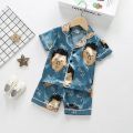 Summer Children Cartoon Short Sleeve+Shorts 2pc Satin Silk Pajamas Sets Girls Sleepwear Boy Loungewear Leisure Wear Home Clothes.
