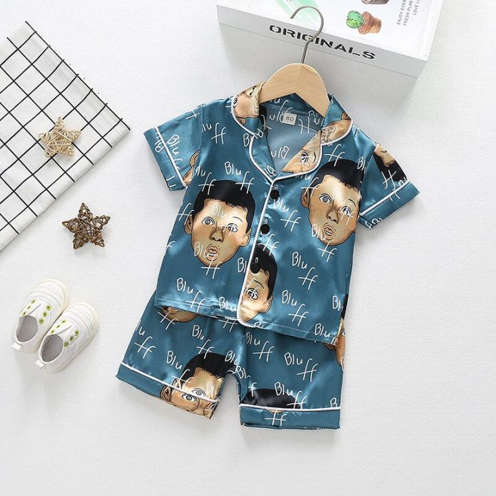 Summer%20Children%20Cartoon%20Short%20Sleeve+Shorts%202pc%20Satin%20Silk%20Pajamas%20Sets%20Girls%20Sleepwear%20Boy%20Loungewear%20Leisure%20Wear%20Home%20Clothes%20-%20Image%202