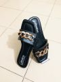 Girls Flat Casual Chain Design Slippers Sandals - Ladies Slim Shoes - Womens Fashionable Slips On- Chain Slipper. 