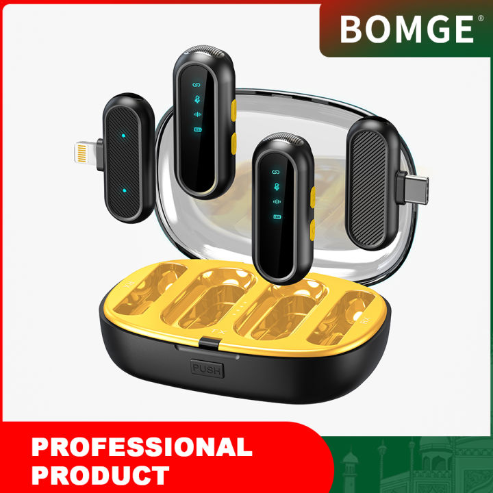 BOMGE 2-Pack Professional Wireless Lavalier Microphones with 2 Receivers for Android, iPhone iPad, Record with 2 Phones Simultaneously, Noise Reduction Plug and Play Clip Included on Lavalier Microphone