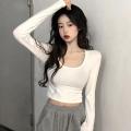 Simple White Shoulder U Collar Threaded Long Sleeve T T-shirt Women's Outer Wear Inner Wear Hot Girl Top Short All-Match Bottoming Shirt.