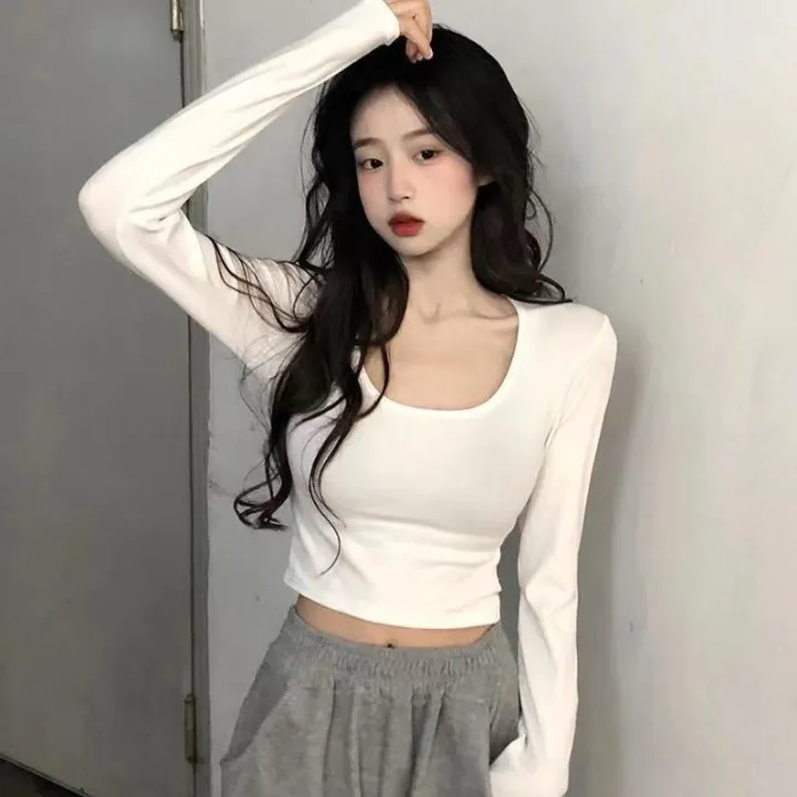 Simple%20White%20Shoulder%20U%20Collar%20Threaded%20Long%20Sleeve%20T%20T-shirt%20Women's%20Outer%20Wear%20Inner%20Wear%20Hot%20Girl%20Top%20Short%20All-Match%20Bottoming%20Shirt%20-%20Image%209