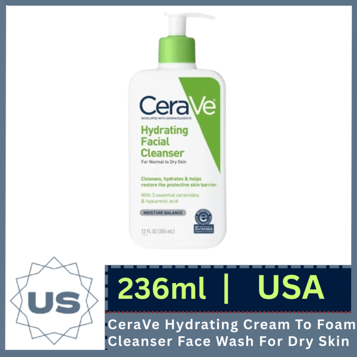 CeraVe Hydrating Cream To Foam Cleanser, Makeup Remover Face Wash For Dry Skin, Foaming Facial Cleanser With Hyaluronic Acid, Normal To Dry Skin, Fragrance Free & Non Comedogenic I 236ml I USA