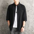 linen shirt men's solid color shirt loose men's Chinese style summer cotton linen men's casual jacket seven rui silver. 