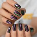 Short Midi Coffin Nails Chrome Mirror Nails Set Metallic Press On Nails Medium Length Bead Luster Shiny Rainbow Nail Tips. 