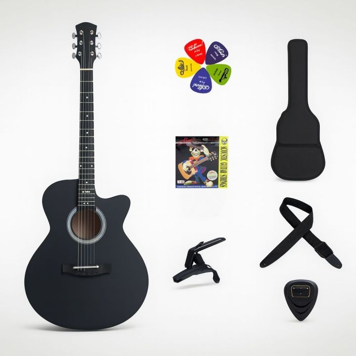 BK-100B New Black Acoustic Guitar Bundle with Gig Bag, Picks, Strap, Capo, Strap Lock, and Pick Holder