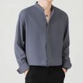 2023 New High Quality Korean Fashion Stand Collar Shirt Men Long Sleeve Solid Color Business Casual Loose Simple Shirts for Men.