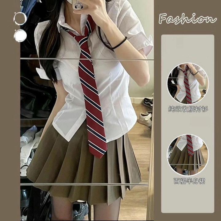 Preppy Style Korean Style Slim Fit Waist Trimming Shirt Top Women's Spring and Autumn Pleated Skirt Short Skirt Two-Piece Suit Fashion