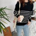 Fashion Slimming round Neck Sweater Women's Black and White Striped Loose Korean Style Outer Wear Autumn and Winter All-Matching Base Sweater. 