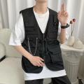 Men'S Cargo Vest Multi Pockets Sleeveless Solid Color V Neck Loose Match Pants Zipper Chain Decor Men Waistcoat Men Clothes. 