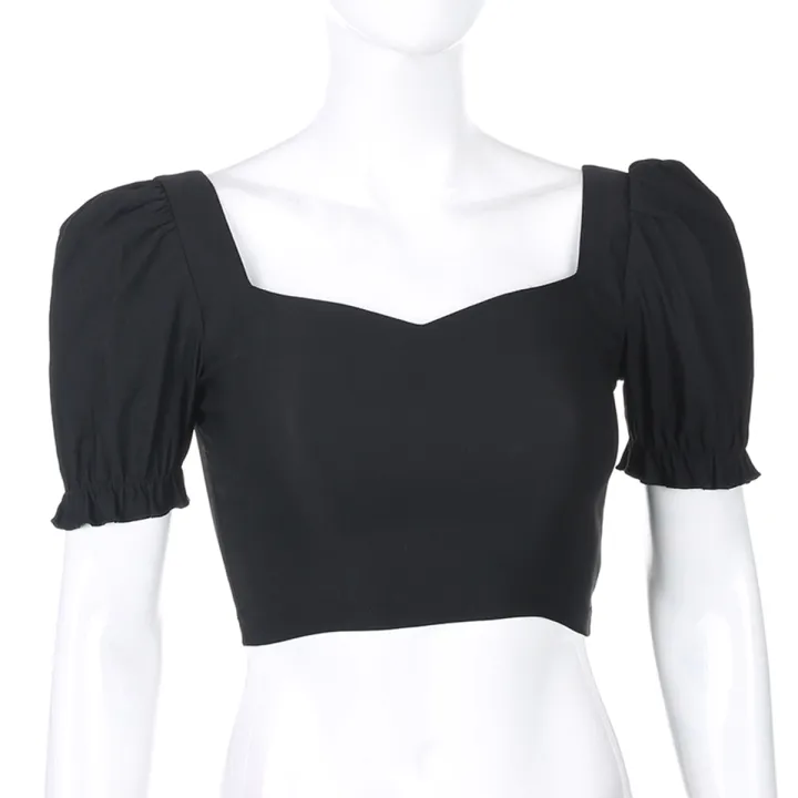 Women%20Solid%20Color%20Crop%20Top,%20Puff%20Sleeves%20Square%20Collar%20Pullover%20Vintage%20Style%20Clothes%20-%20Image%203