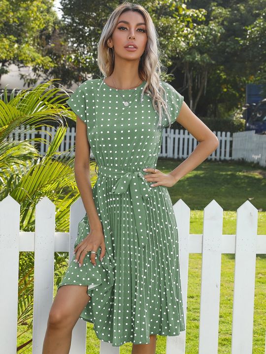 Women%20Polka%20Dot%20Print%20Vestido%20summer%20Elegant%20High%20Waist%20Short%20Sleeve%20Midi%20Dresses%202023%20Beach%20Casual%20Floral%20Pleat%20A-line%20Sundress%20-%20Image%207