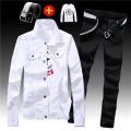 Spring Autumn Mens Denim Jacket + Jeans Pants Set Fashion Letters Printed Coat Trousers Two Piece Denim suit.