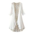 Color Sun Protection Clothing 3 Lace Stitching Summer Mid-Length Cardigan 6 Cotton and Linen Women's Air Conditioning Shirt Thin Coat 3/4 Sleeve Size Shawl. 