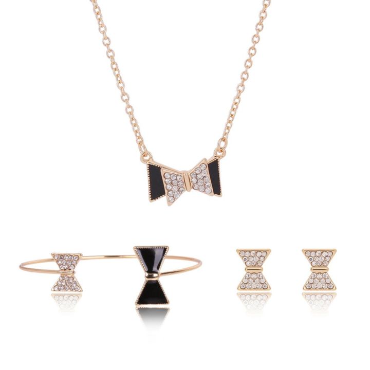 European and American source diamond bow three-piece necklace, earrings, bracelet, wedding accessories set