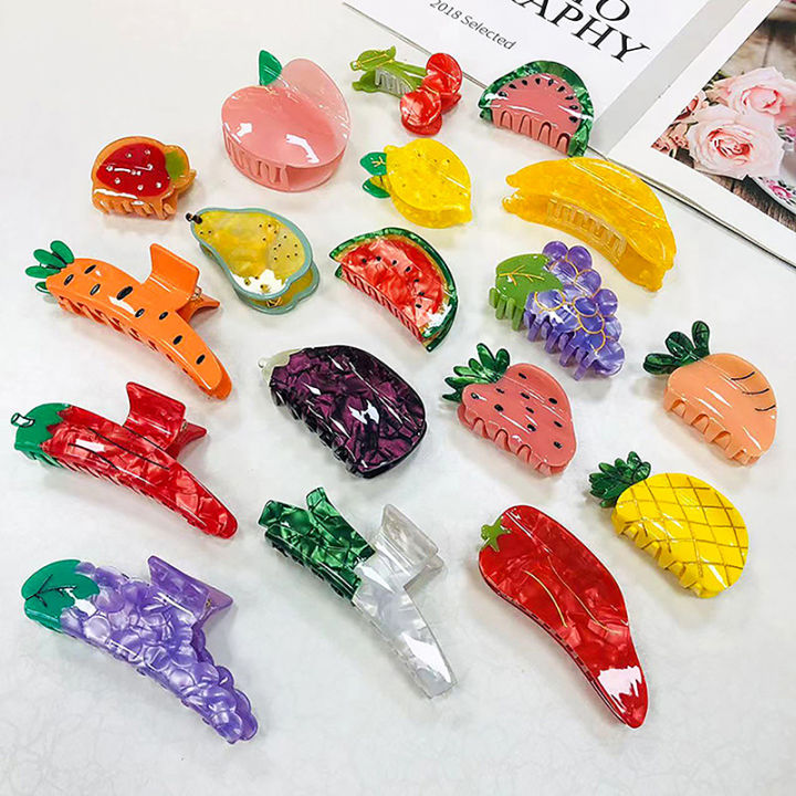 Acetate Cute Summer Vegetable Fruit Hair Clip Watermelon Lemon Cherry Hair Claw Fashion Shark Clips For Women Hair Accessories Bayline