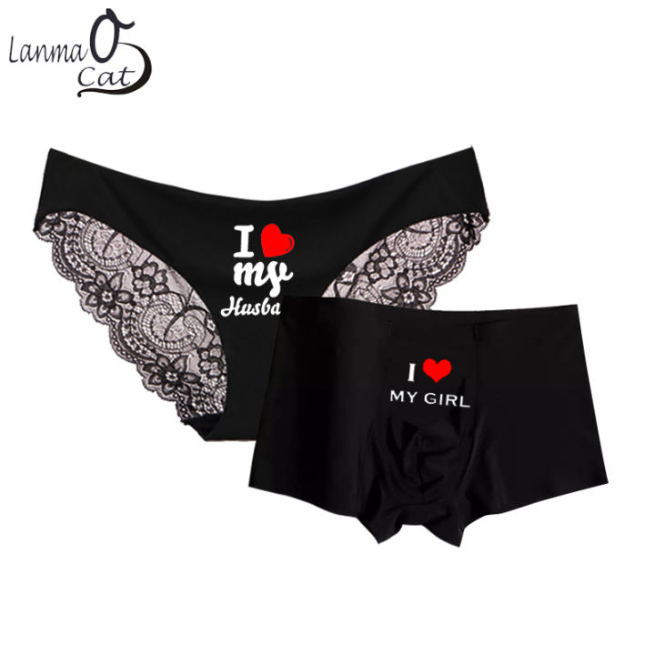 Lace Female Briefs Bikini Smooth Ice-silk Male Boxer Shorts Romantic Lovers Man and Woman Matching Couple Underwear Fashion