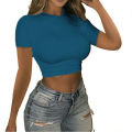 2023 New Summer European and American Women's Foreign Trade Top Fashion crop crop solid color round neck slim short sleeve T-shirt.